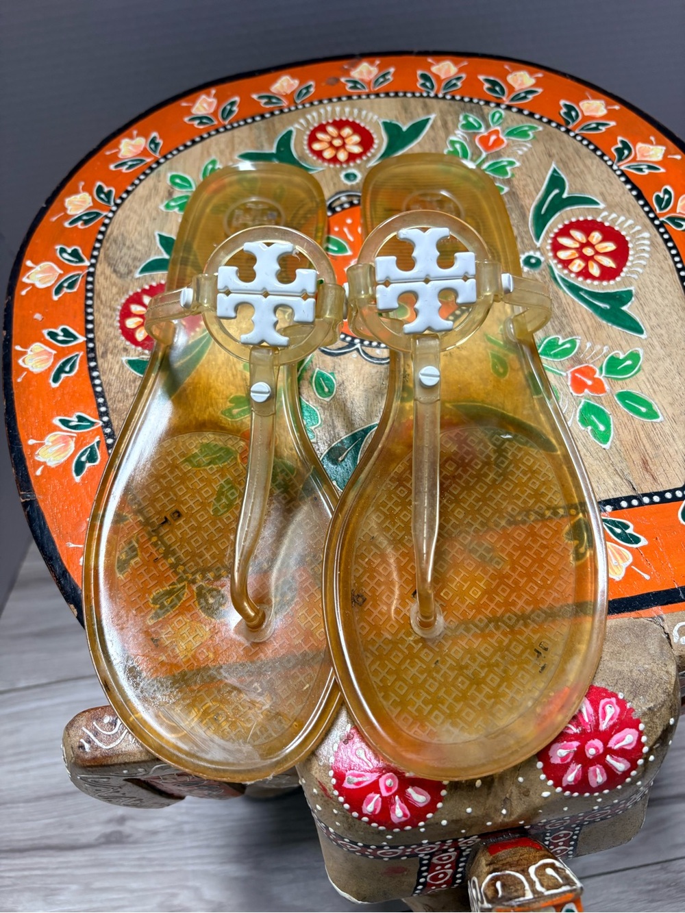 Tory Burch Transparent Amber Jelly Logo Thong Sandals